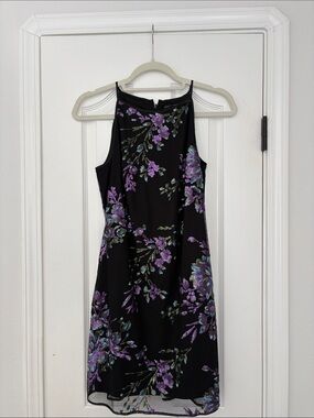 White House Black Market Black Midi Dress with Purple Floral Print, size 00